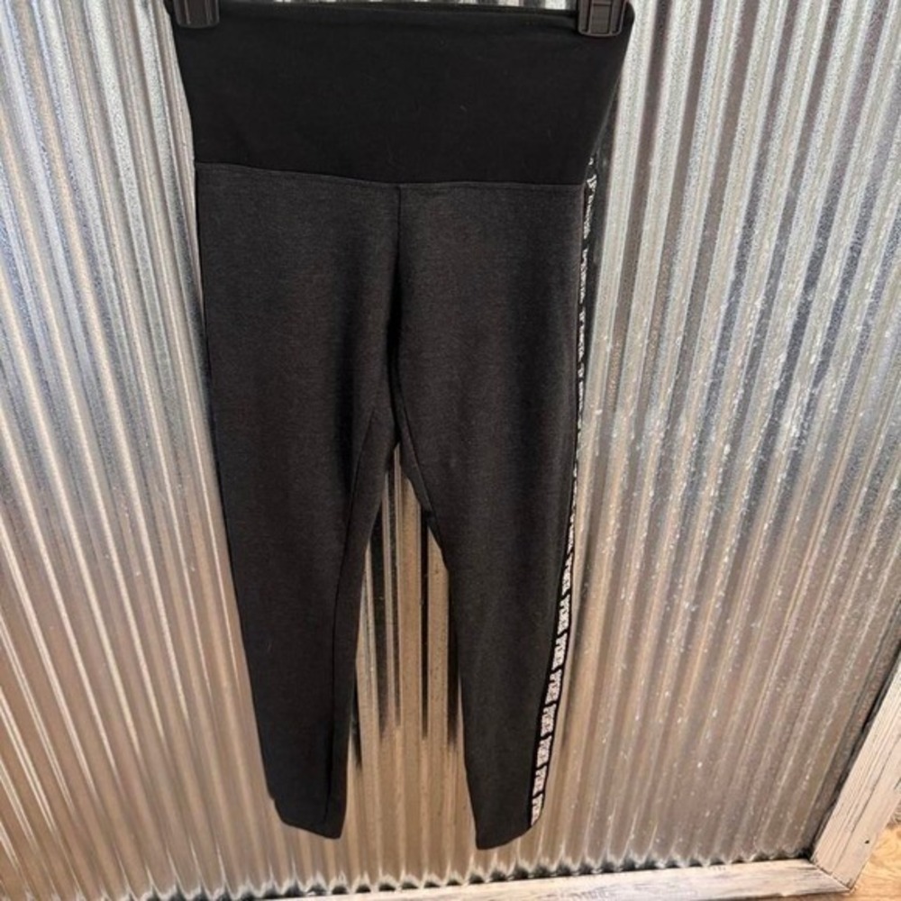 PINK Victoria's Secret Black Yoga Pants White Logo Stripe Women's Size XS